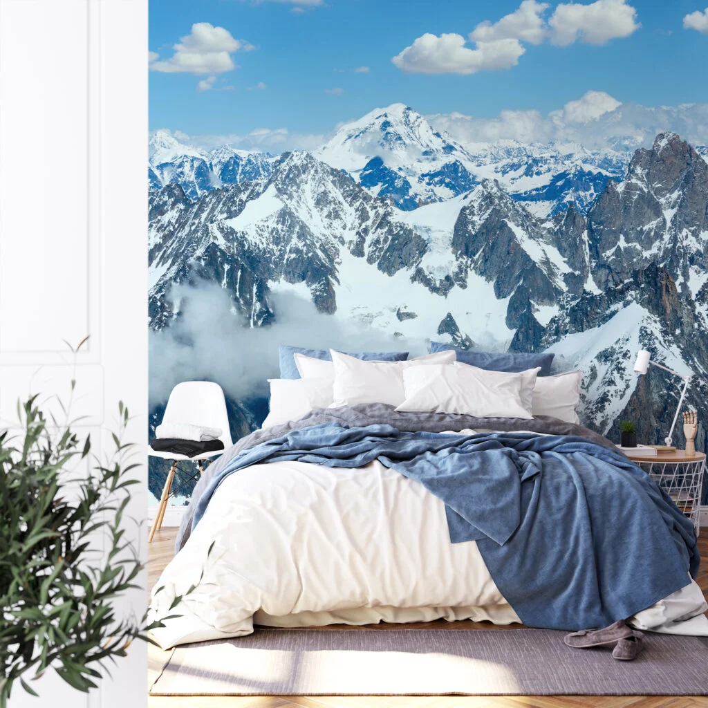 Large Snowy Mountains With A Beautiful View Wallpaper, Majestic Mountain Peaks Peel & Stick Wall Mural