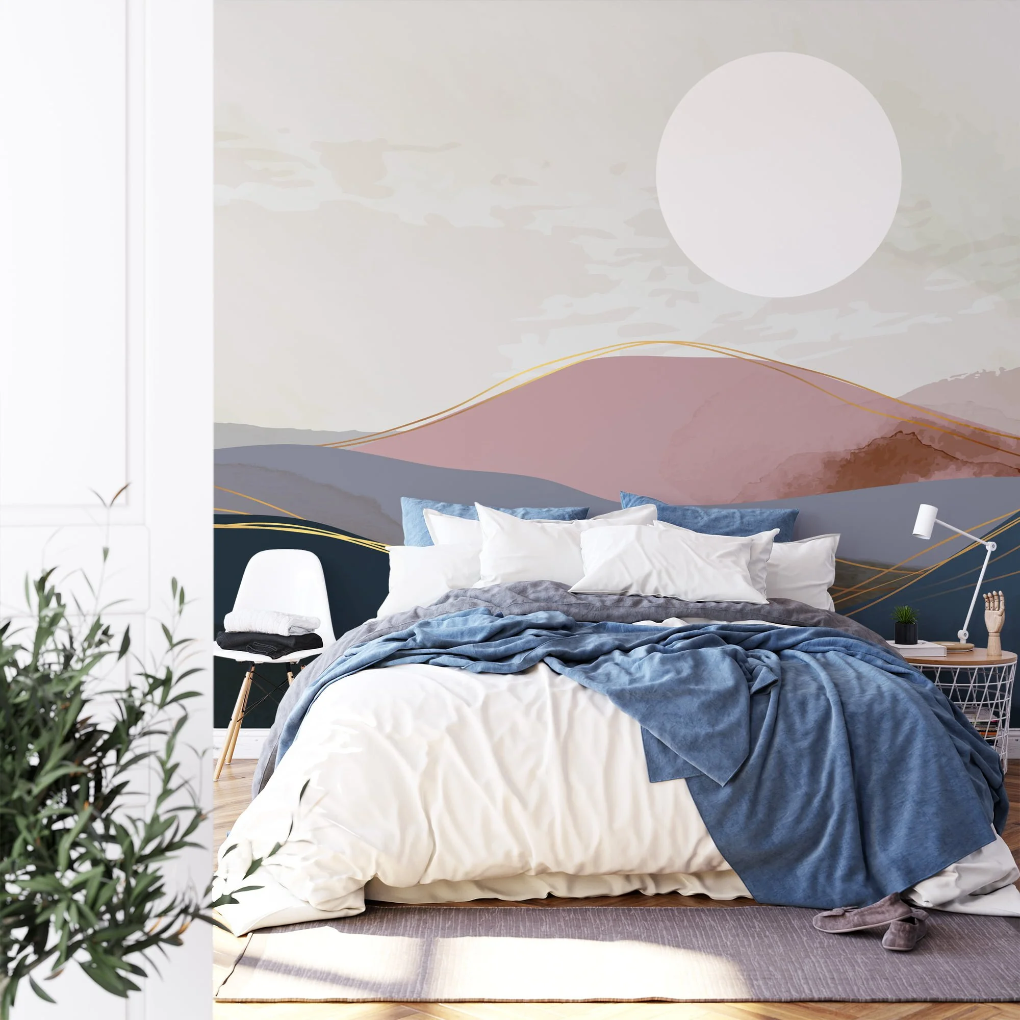 Abstract Minimalistic Desert Illustration Wallpaper, Sunrise Mountains Peel & Stick Wall Mural