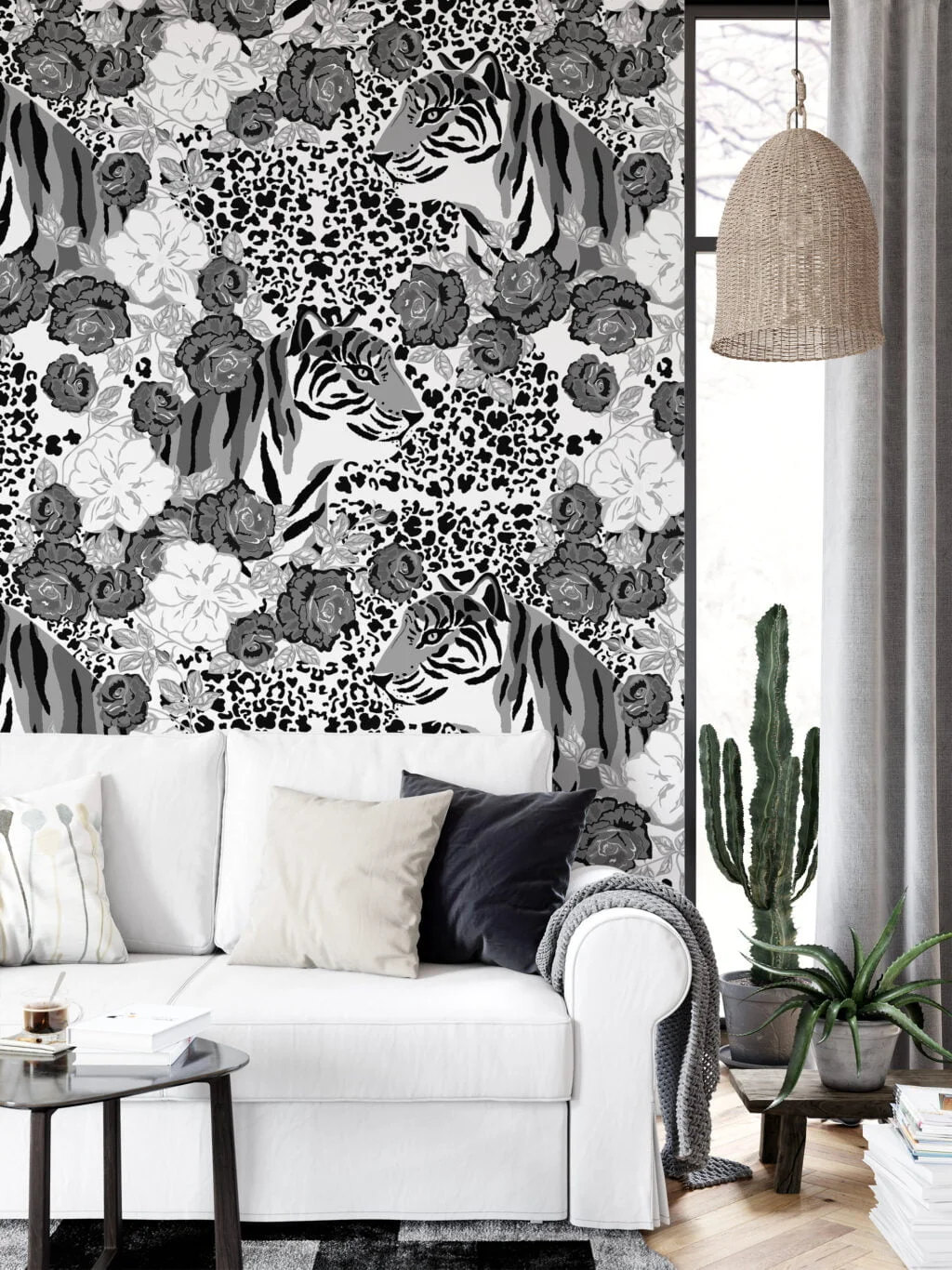 GreyScaled Roses And Tigers With Leopard Print Illustration Wallpaper, Monochrome Tiger & Floral Peel & Stick Wall Mural