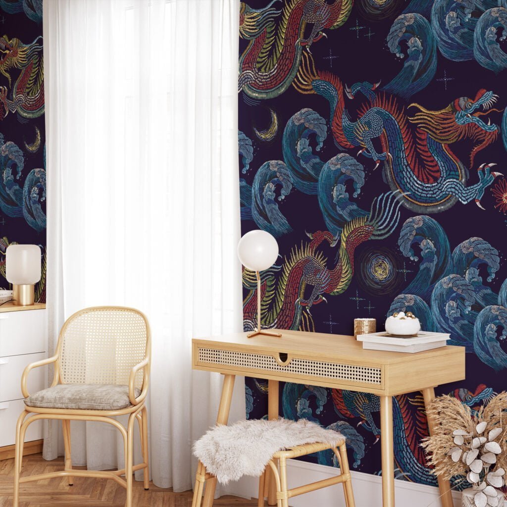 Traditional Dark Wallpaper with Dragons and Waves Wallpaper, Navy Chinoiserie Wall Mural with Mythical Beasts