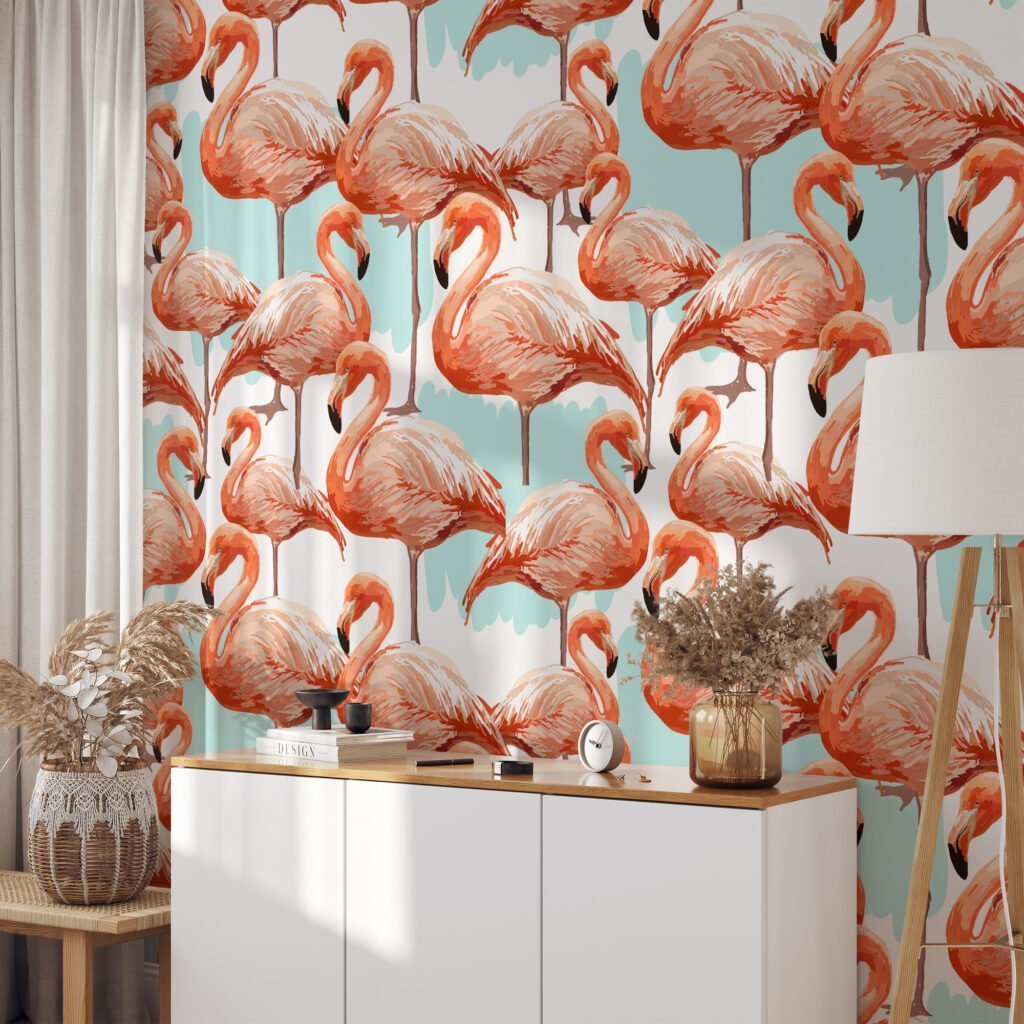 Elegant Abstract Flamingos Pattern Wallpaper, Tropical Pink Peel & Stick Wall Mural