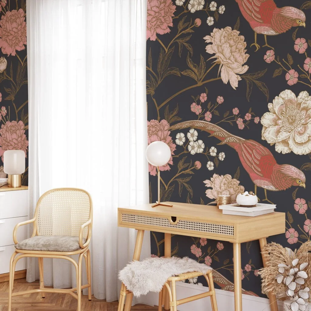 Traditional Style Floral Wallpaper With Rose Pink Birds and A Dark Background Wallpaper, Vintage Elegant Peel & Stick Wall Mural