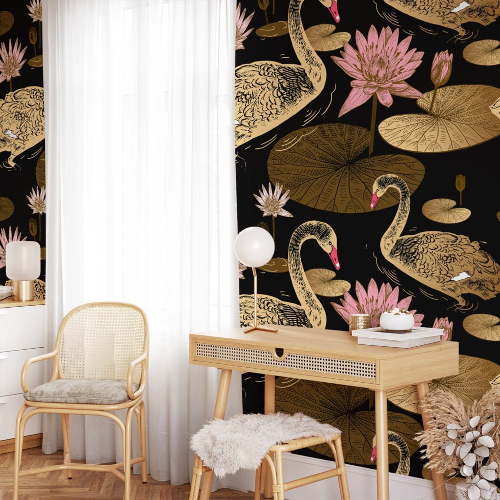 Large Gold Colored Lily Pads And Swans With A Dark Background Wallpaper, Vintage Black & Gold Elegance Peel & Stick Wall Mural