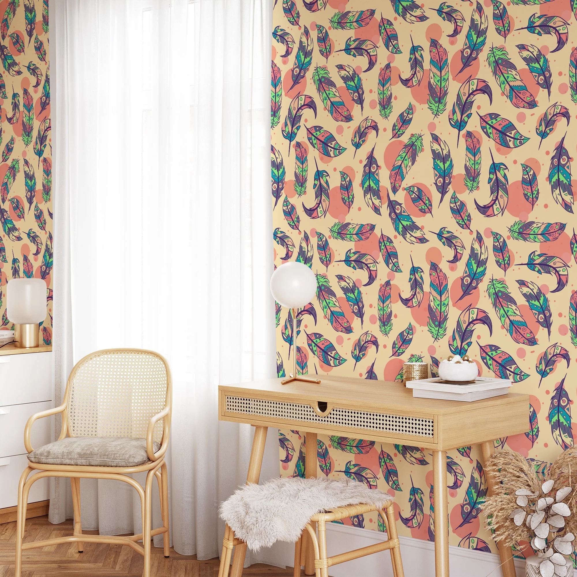 Colorful Cartoon Style Feathers Pattern Illustration Wallpaper, Bohemian Feather Design Peel & Stick Wall Mural