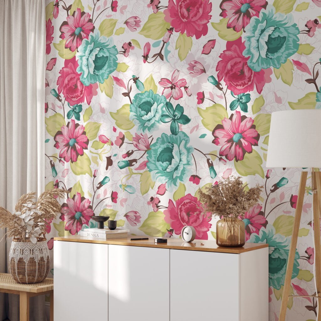 Abstract Turquoise And Pink Floral Wallpaper, Vintage Floral Charm Peel & Stick Wall Mural