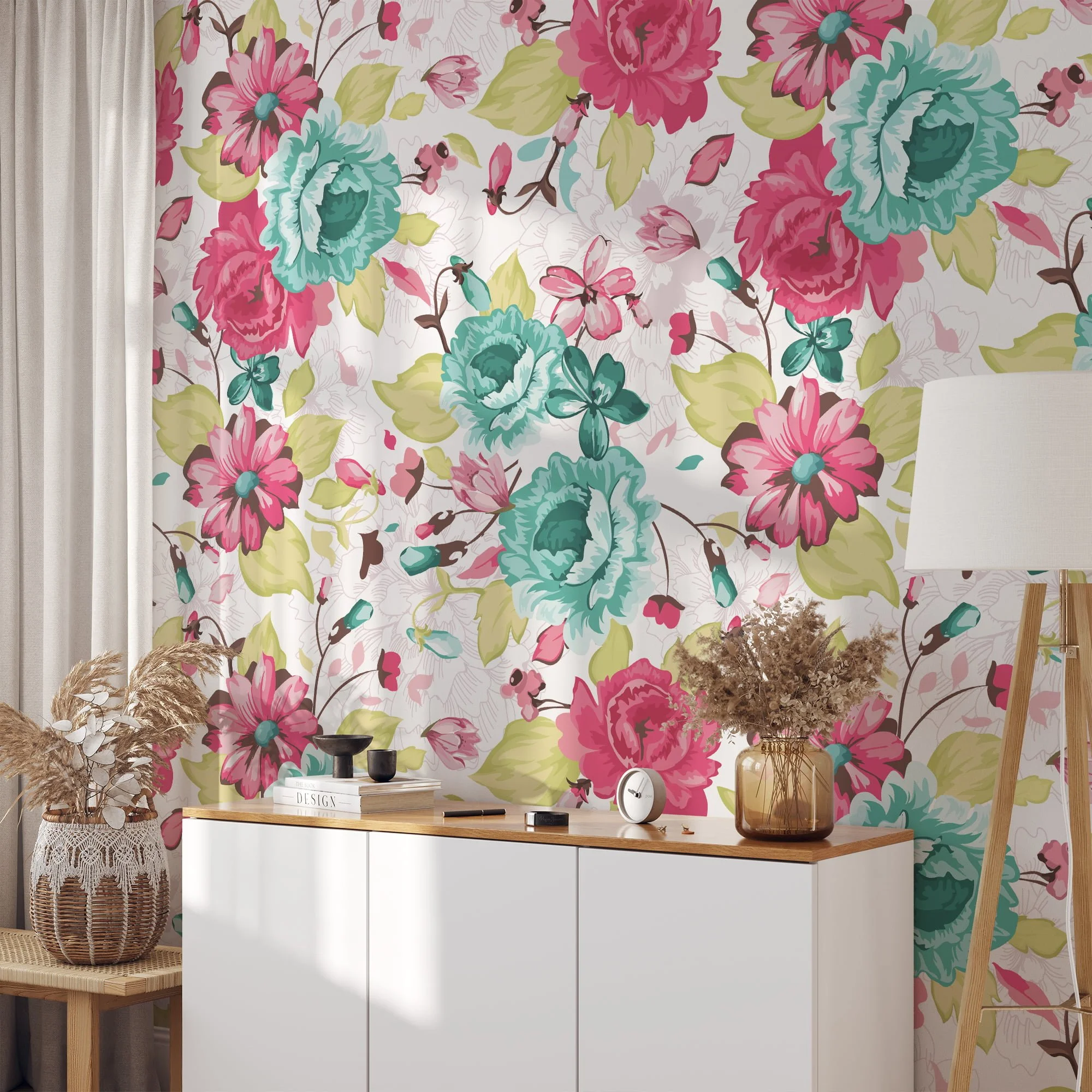 Abstract Turquoise And Pink Floral Wallpaper, Vintage Floral Charm Peel & Stick Wall Mural