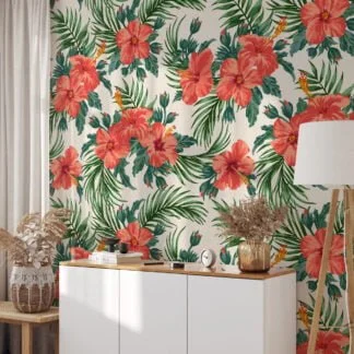 Peach Pink Flowers With Leaves Wallpaper Design, Lush Tropics Peel & Stick Wall Mural