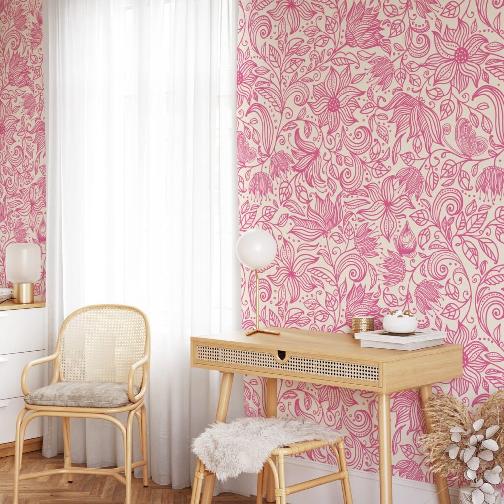 Pink Floral Line Art Paisley Pattern Wallpaper, Elegant Swirls and Blossoms Peel & Stick Wall Mural