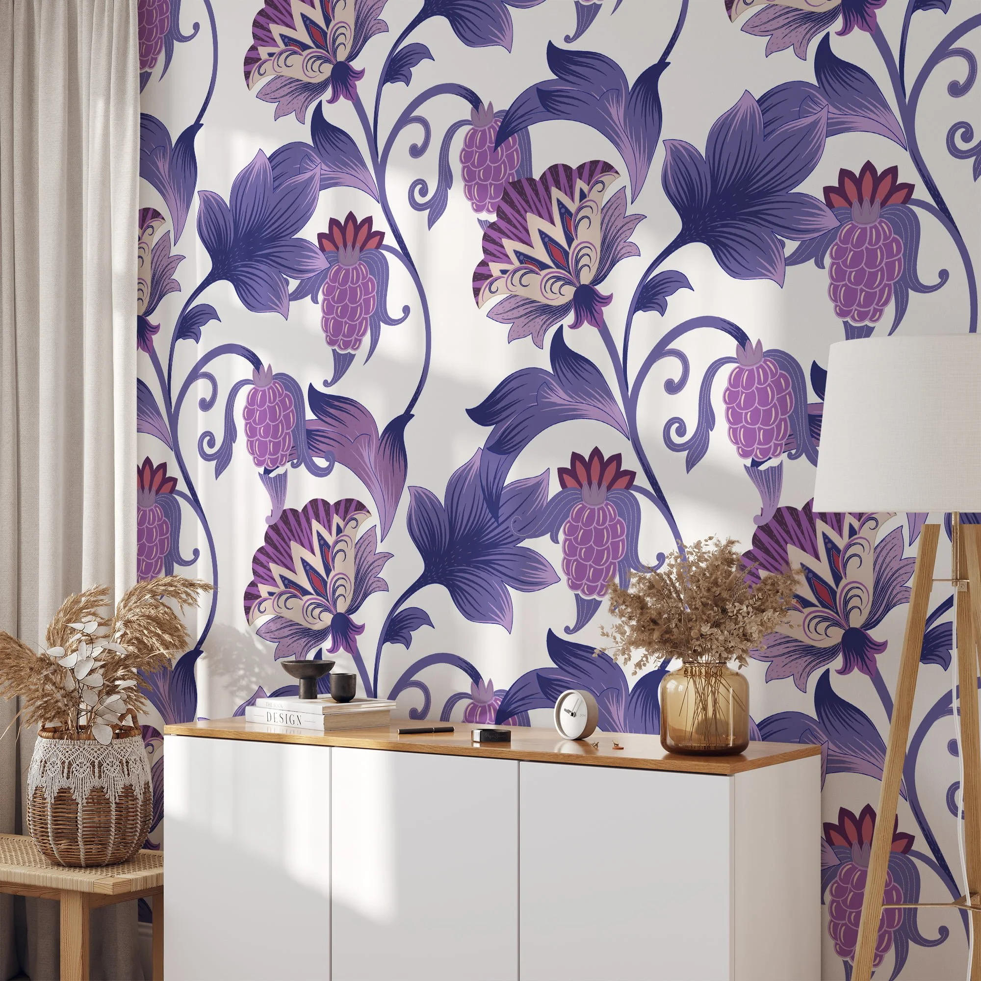 Purple Floral Paisley Illustration Wallpaper, Artistic Purple Floral Peel & Stick Wall Mural