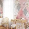Grey And Pink Geometric Shaped Wallpaper With Frosted Texture Effect, Modern Triangular Peel & Stick Wall Mural