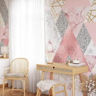 Grey And Pink Geometric Shaped Wallpaper With Frosted Texture Effect, Modern Triangular Peel & Stick Wall Mural