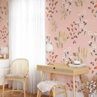 Pastel Peach Pink Flat Art Flowers Illustration Wallpaper, Delicate Wildflowers Peel & Stick Wall Mural