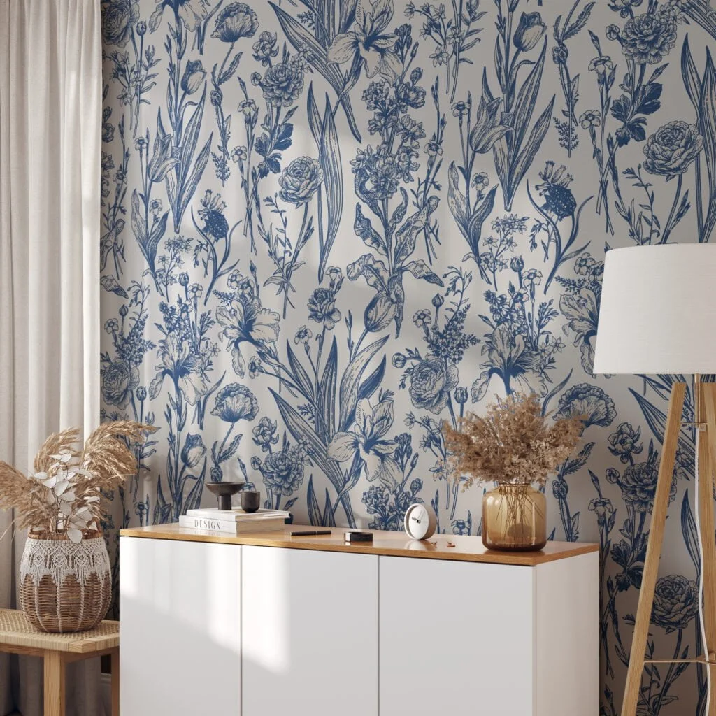 Vintage Dutch Style Blue Flowers And Leaves Wallpaper, Classic Blue Botanical Illustration Peel & Stick Wall Mural