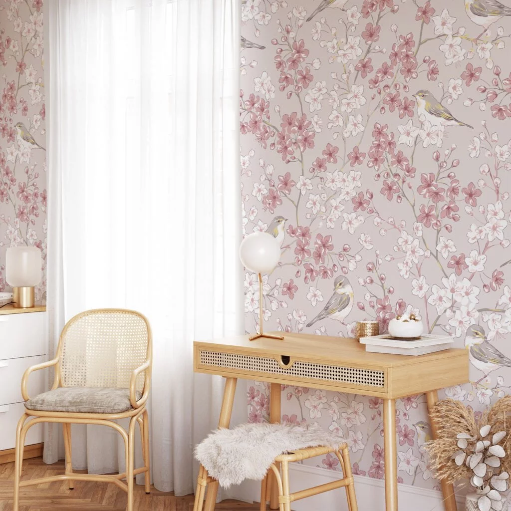 Pastel Pink Flower Design With Birds Illustration Wallpaper, Cherry Blossoms & Songbirds Peel & Stick Wall Mural