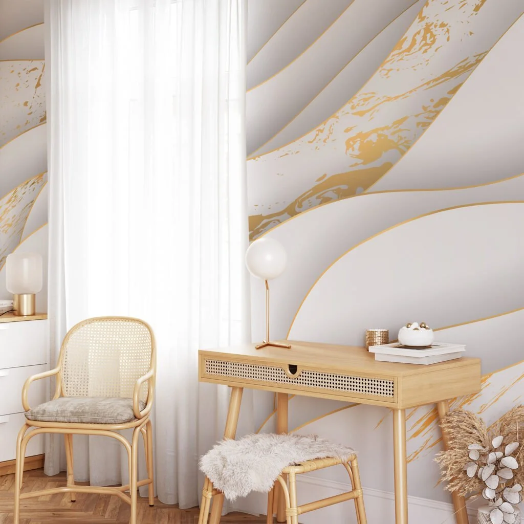 Abstract Three Dimensional Paper Effect Light Wallpaper, Elegant White and Gold Marble Peel & Stick Wall Mural