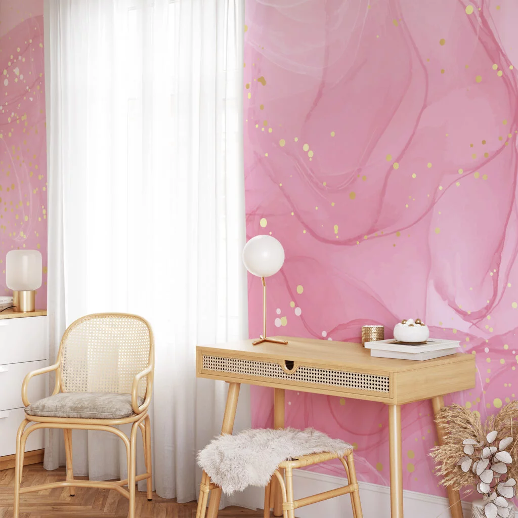 Pink Marble Illustration Wallpaper, Elegant Pink And Gold Specks Peel & Stick Wall Mural