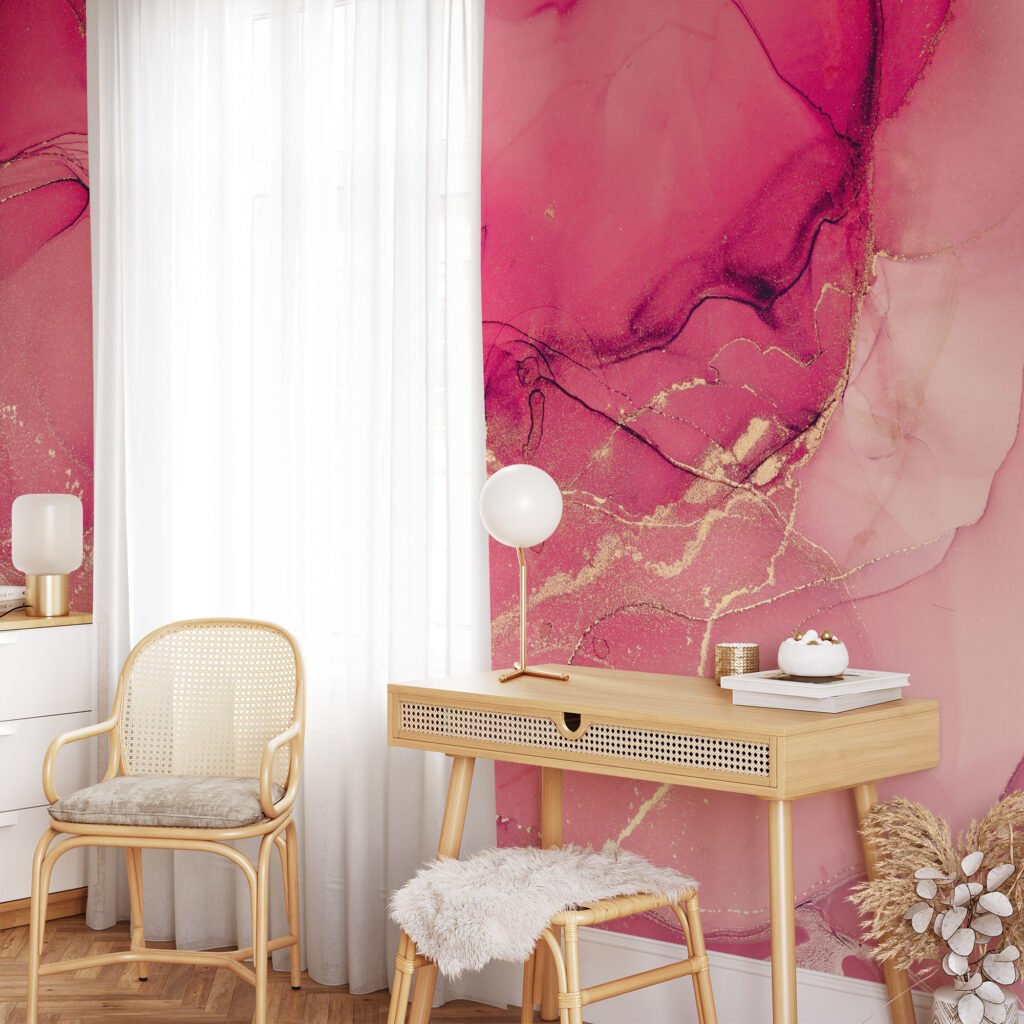 Pink Rose Gold Marble Ink Art Wallpaper, Luxe Pink And Gold Peel & Stick Wall Mural