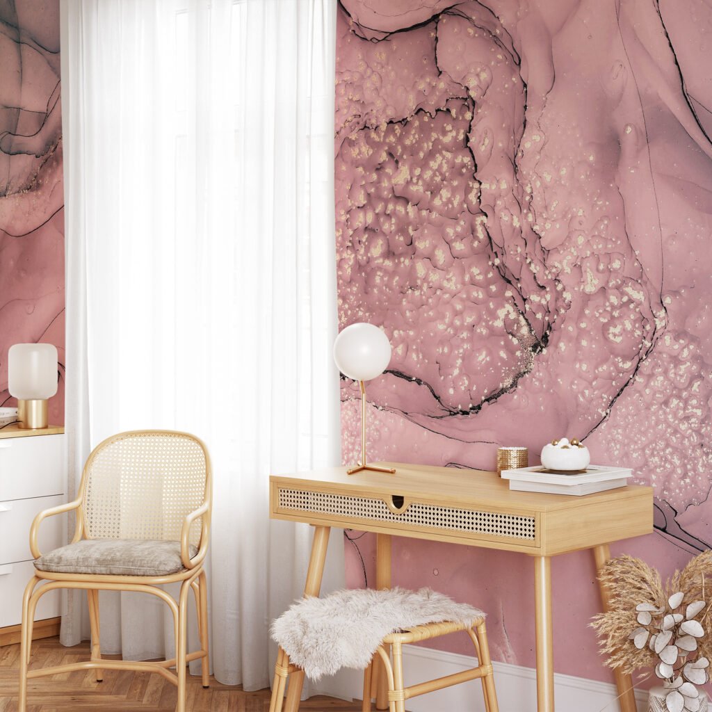 Rose Gold Alcohol Ink Art Wallpaper, Soft Pink Crystal Marble Peel & Stick Wall Mural