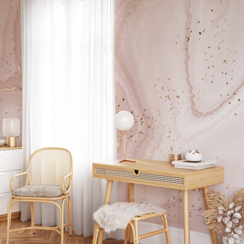 Large Beige Rose Gold Marble Swirls Illustration Wallpaper, Blush Pink Marble Peel & Stick Wall Mural