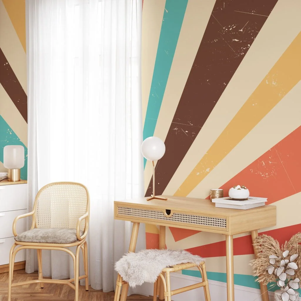 Colorful Retro Sunset Illustration Wallpaper, Abstract Sunbeam Pattern Peel & Stick Wall Mural