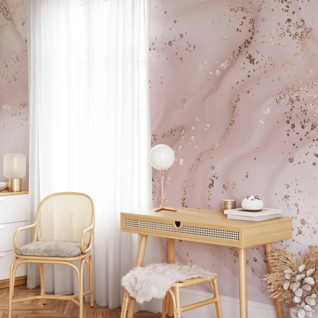 Nude Rose Gold Wavy Marble Effect Wallpaper, Whispering Blush Marble Peel & Stick Wall Mural