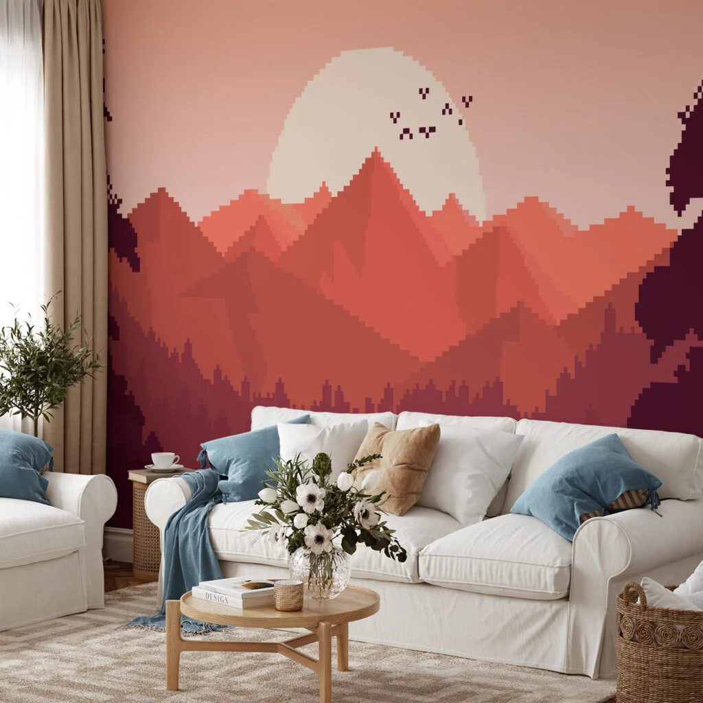 Pixel Art Sunset And Mountains Wallpaper With Birds, Pixel Sunset Mountain Peel & Stick Wall Mural