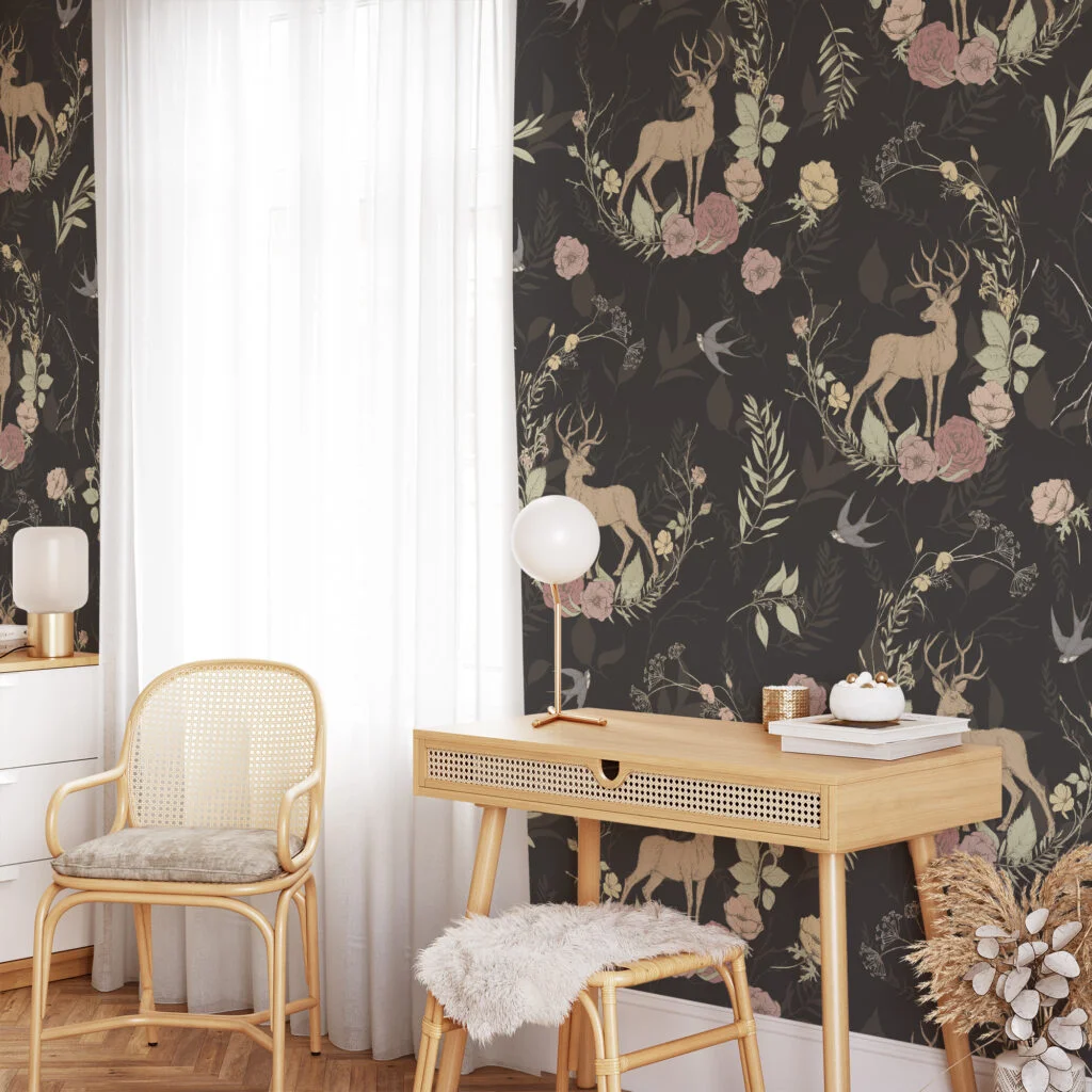 Vintage Floral Design With Reindeers Illustration Wallpaper, Enchanted Forest Peel & Stick Wall Mural