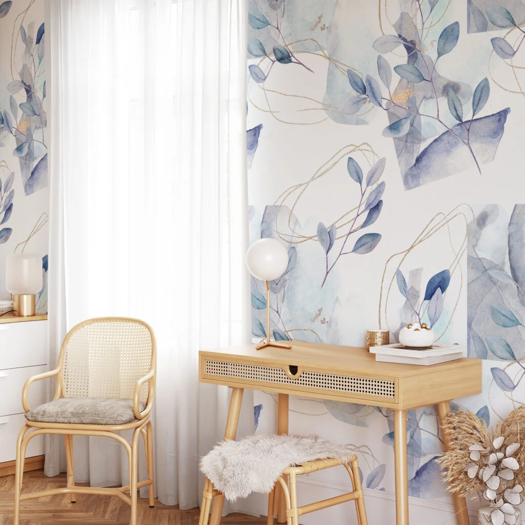 Watercolor Style Pastel Leaf Branches Illustration Wallpaper, Ethereal Blue Purple Leaves Peel & Stick Wall Mural