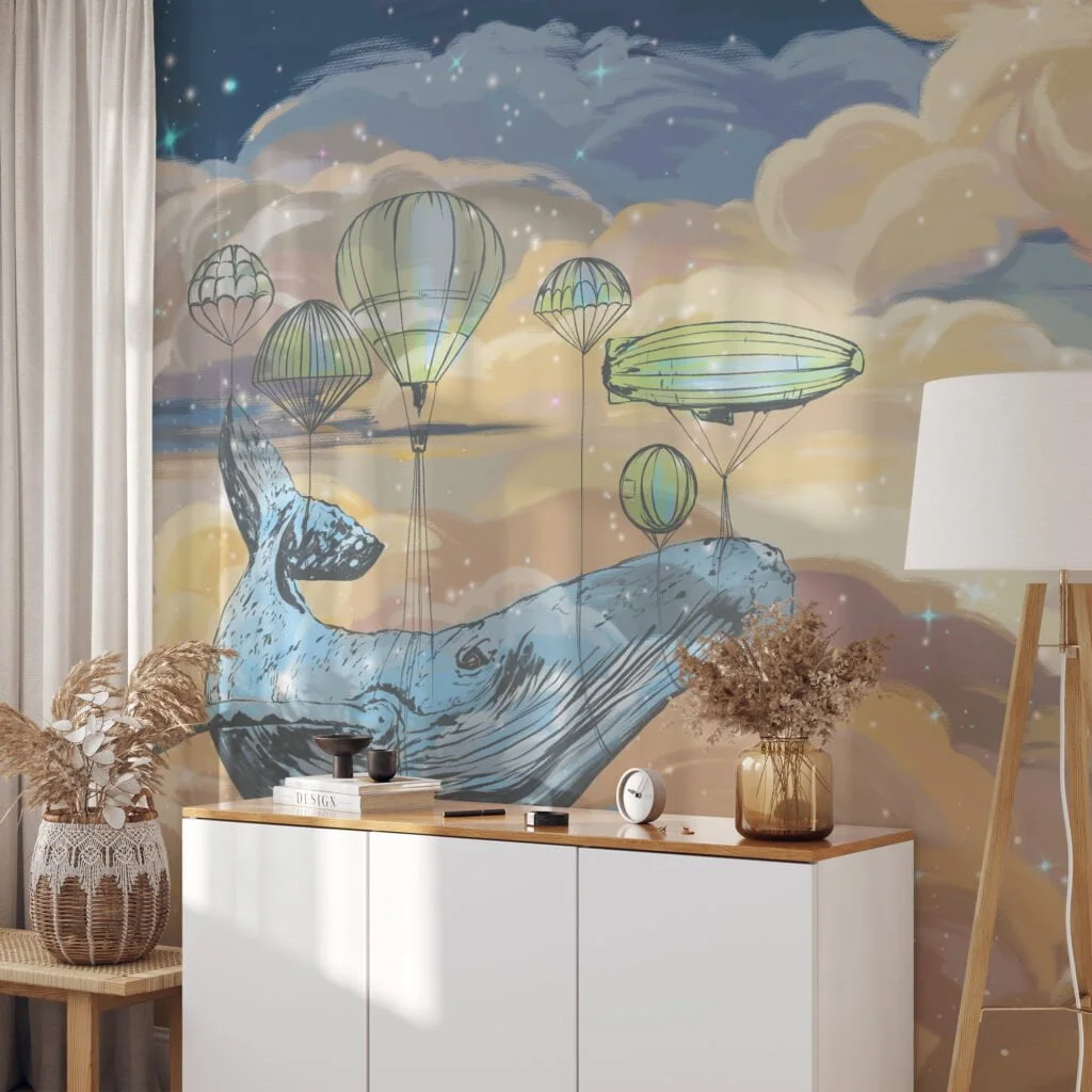 Large Mystical Whale In The Clouds With Hot Air Balloons Illustration Wallpaper, Dreamy Starry Kids Peel & Stick Wall Mural