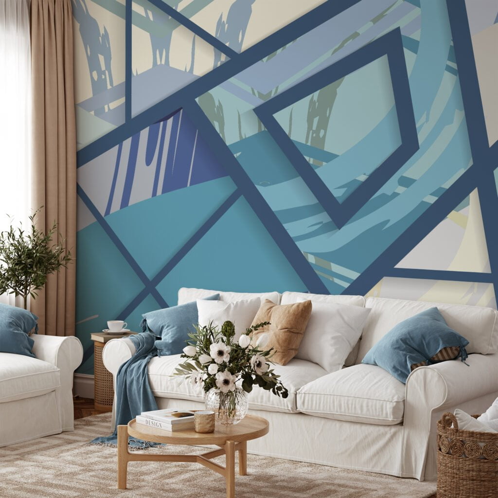 Large Geometric Wallpaper With Modern Blue Splashes Illustration, Blue Angular Design Peel & Stick Wall Mural
