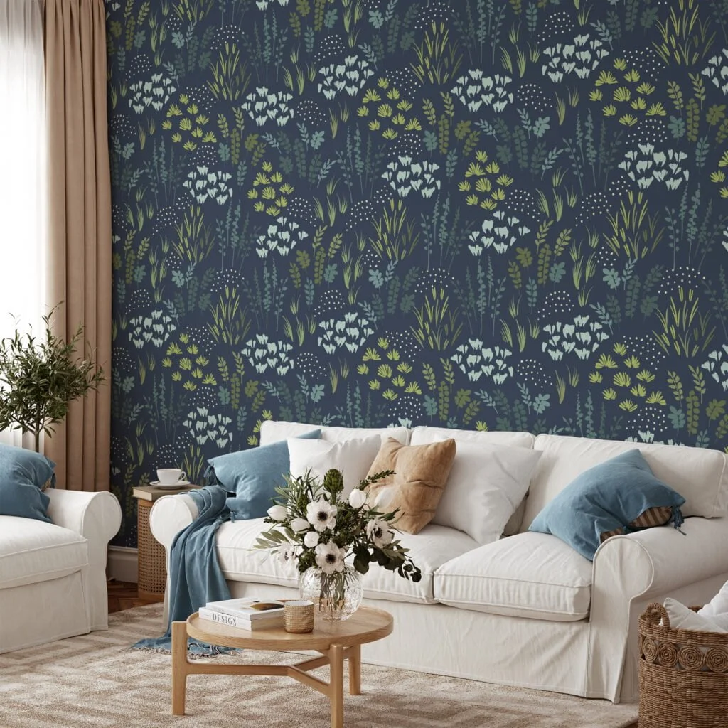 Dark Blue Flat Art Flowers And Leaves Illustration Wallpaper, Vintage Floral Elegant Peel & Stick Wall Mural