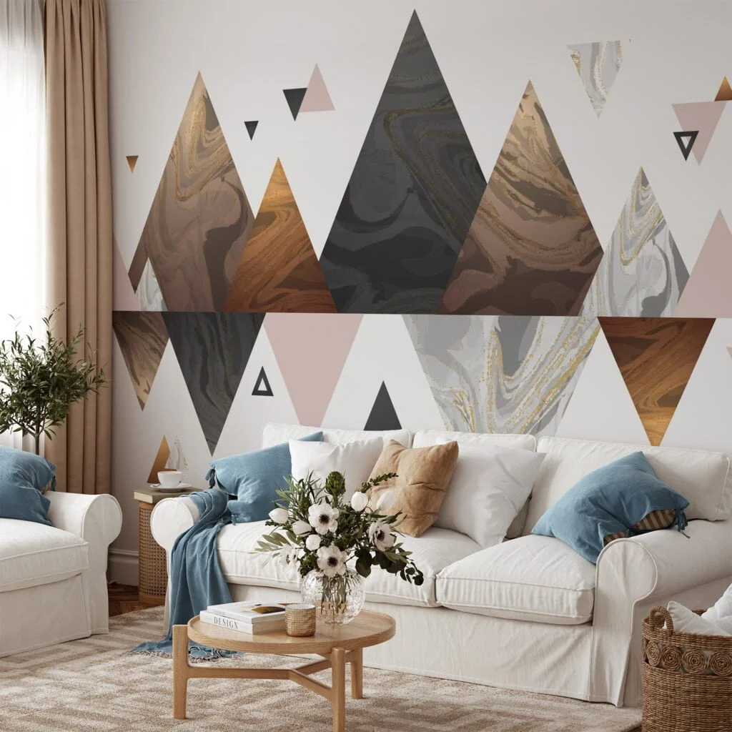 Neutral Colored Geometric Wallpaper With Abstract Mountains, Modern Gold and Black Triangle Peel & Stick Wall Mural