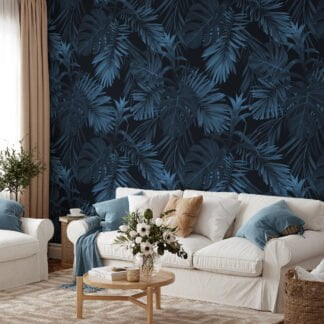 Dark Blue Tropical Leaves Forest Illustration Wallpaper, Dark Elegant Peel & Stick Wall Mural