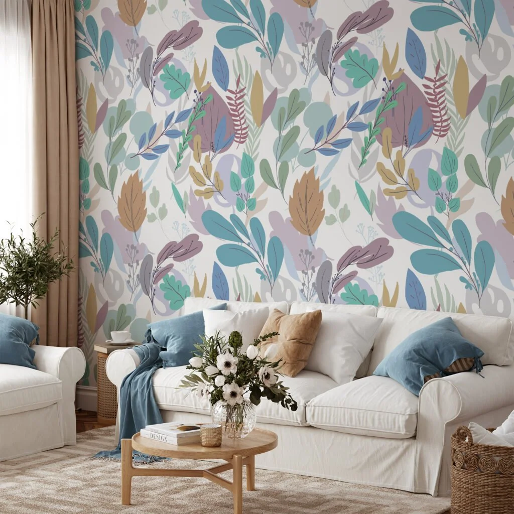 Flat Art Leaves And Branches Illustration Wallpaper, Soft Pastel Leaves Peel & Stick Wall Mural