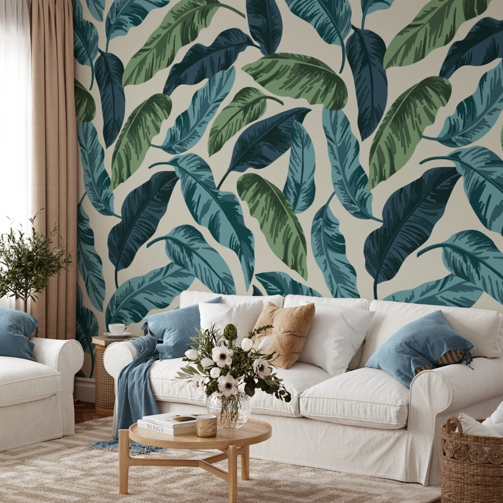 Large Green And Blue Leaves Wallpaper, Nature-Inspired Peel & Stick Wall Mural