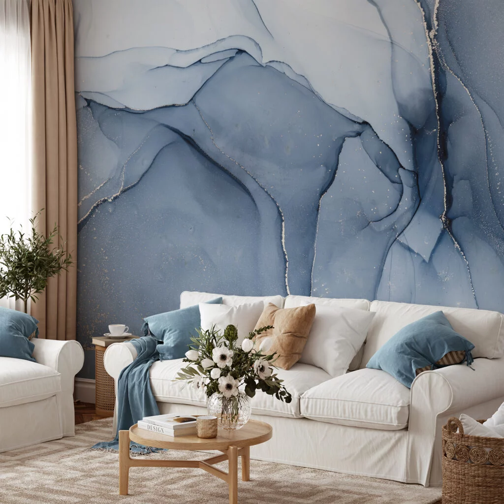 Cool Blue Colored Marble Ink Art Wallpaper, Serene Blue Peel & Stick Wall Mural