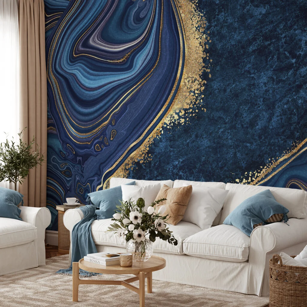 Dark Blue And Gold Abstract Ink Art Illustration Wallpaper, Midnight Blue Agate Peel & Stick Wall Mural