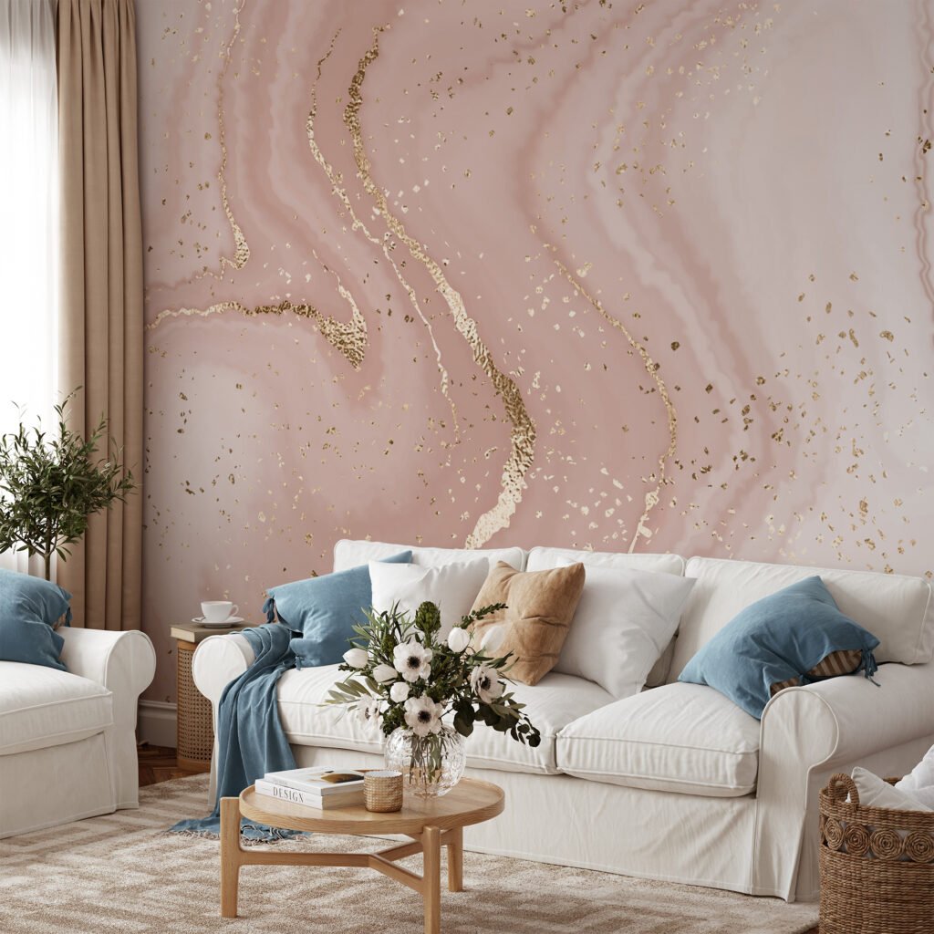 Large Beige Rose Gold Marble Swirls Illustration Wallpaper, Blush Pink Marble Peel & Stick Wall Mural