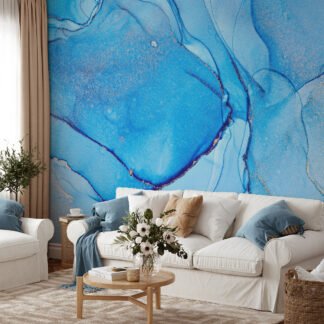 Shades Of Blue Marble Alcohol Ink Wallpaper, Serene Sapphire Marble Peel & Stick Wall Mural