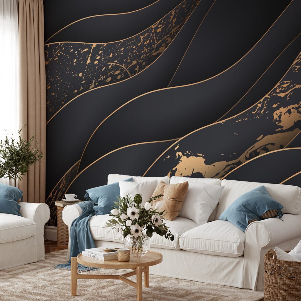 Abstract Three Dimensional Paper Effect Dark Wallpaper, Opulent Wavy Design Peel & Stick Wall Mural