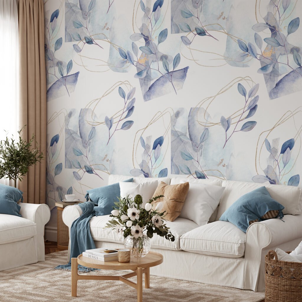 Watercolor Style Pastel Leaf Branches Illustration Wallpaper, Ethereal Blue Purple Leaves Peel & Stick Wall Mural