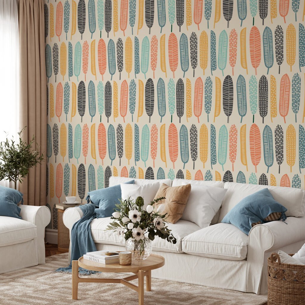 Abstract Tropical Feathers Flat Art Design Wallpaper, Playful Feather Array Peel & Stick Wall Mural