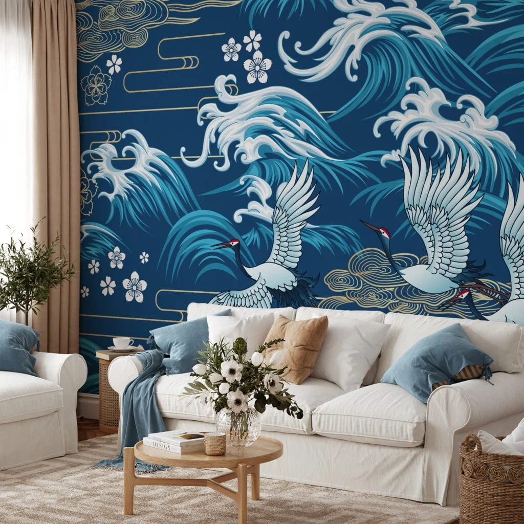 Traditional Blue Wallpaper With Large Cranes And Waves Illustration, Elegant Crane & Wave Peel & Stick Wall Mural
