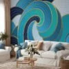 Large Abstract Waves With Blue Shades Wallpaper, Elegant Swirling Waves Peel & Stick Wall Mural