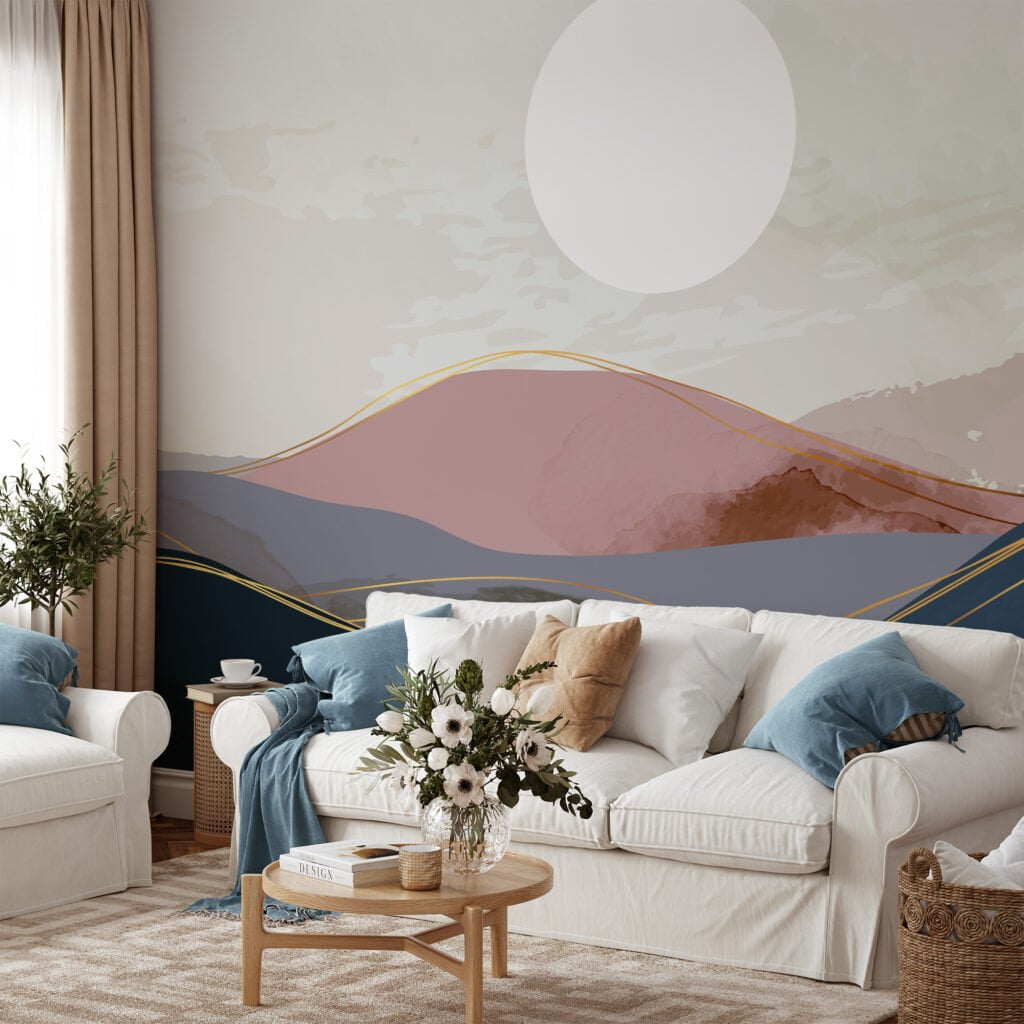 Abstract Minimalistic Desert Illustration Wallpaper, Sunrise Mountains Peel & Stick Wall Mural