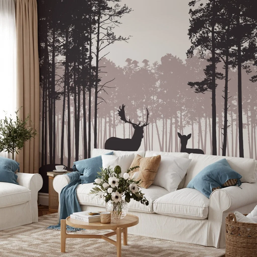 Abstract Nature Wallpaper With Trees and Deers Silhouette, Tranquil Nature Scene Peel & Stick Wall Mural