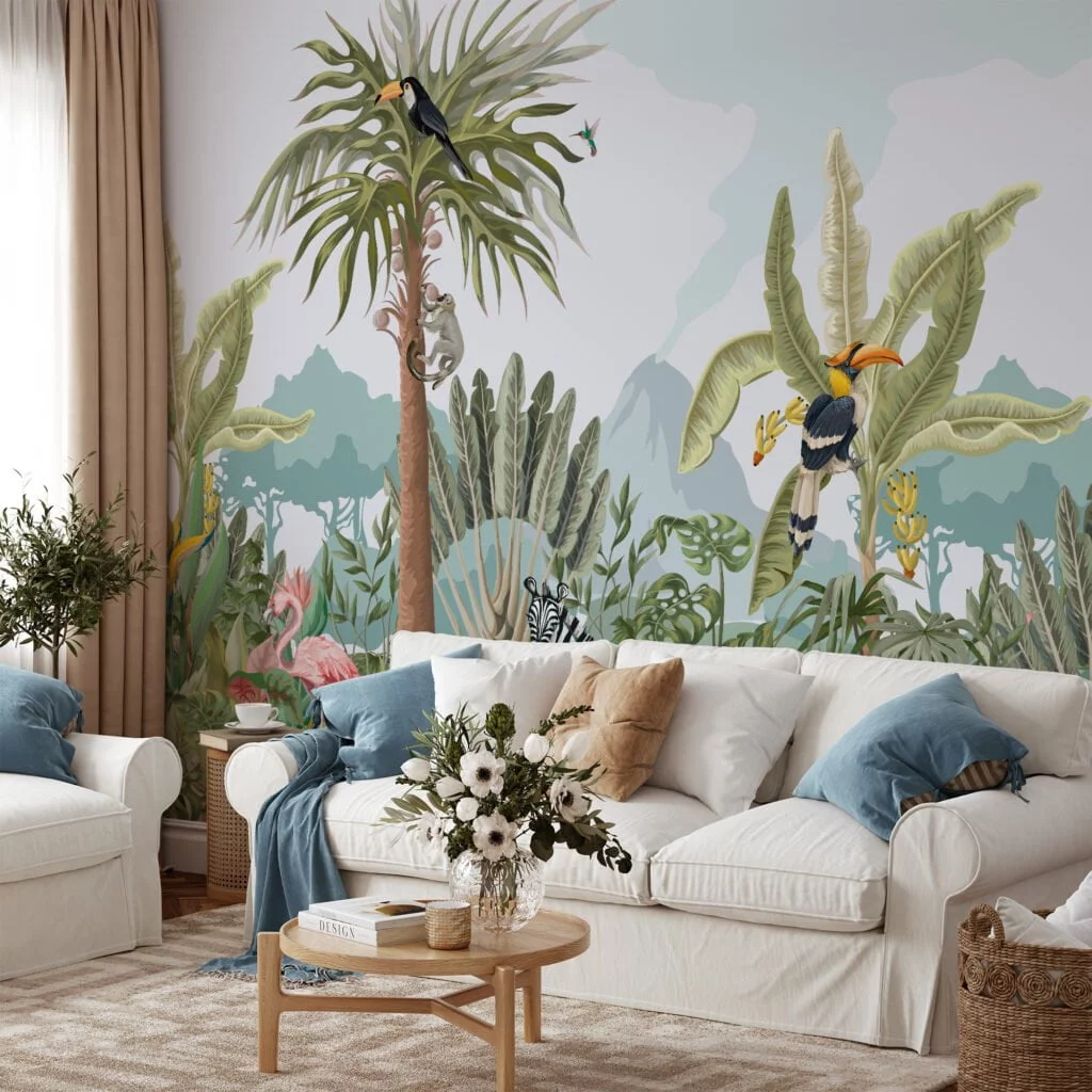 Jungle Illustration With Animals And Large Leaves Wallpaper, Tropical Rainforest Peel & Stick Wall Mural