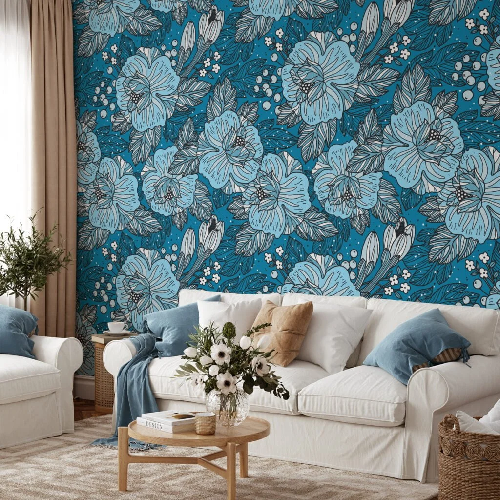 Blue Colored Outlined Floral Wallpaper Pattern, Blue Blossom Design Peel & Stick Wall Mural