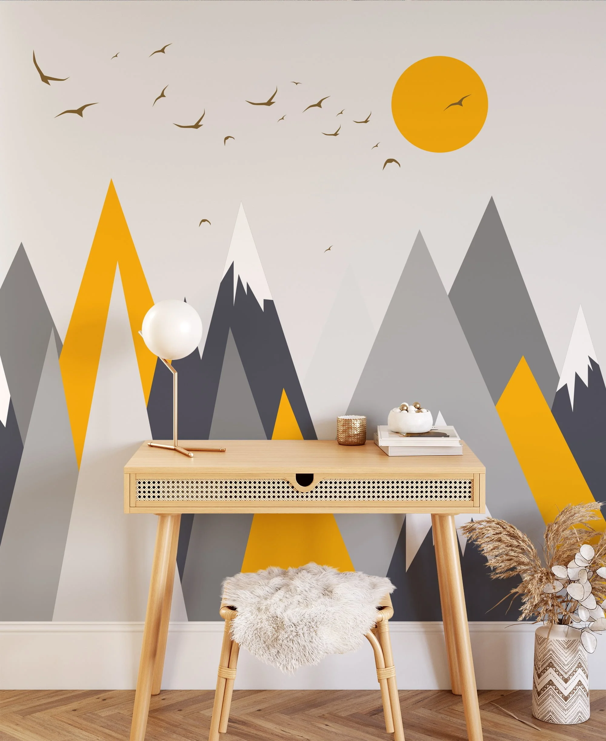 Minimalist Grey And Yellow Mountains Illustration Wallpaper, Modern Mountain Landscape Peel & Stick Wall Mural
