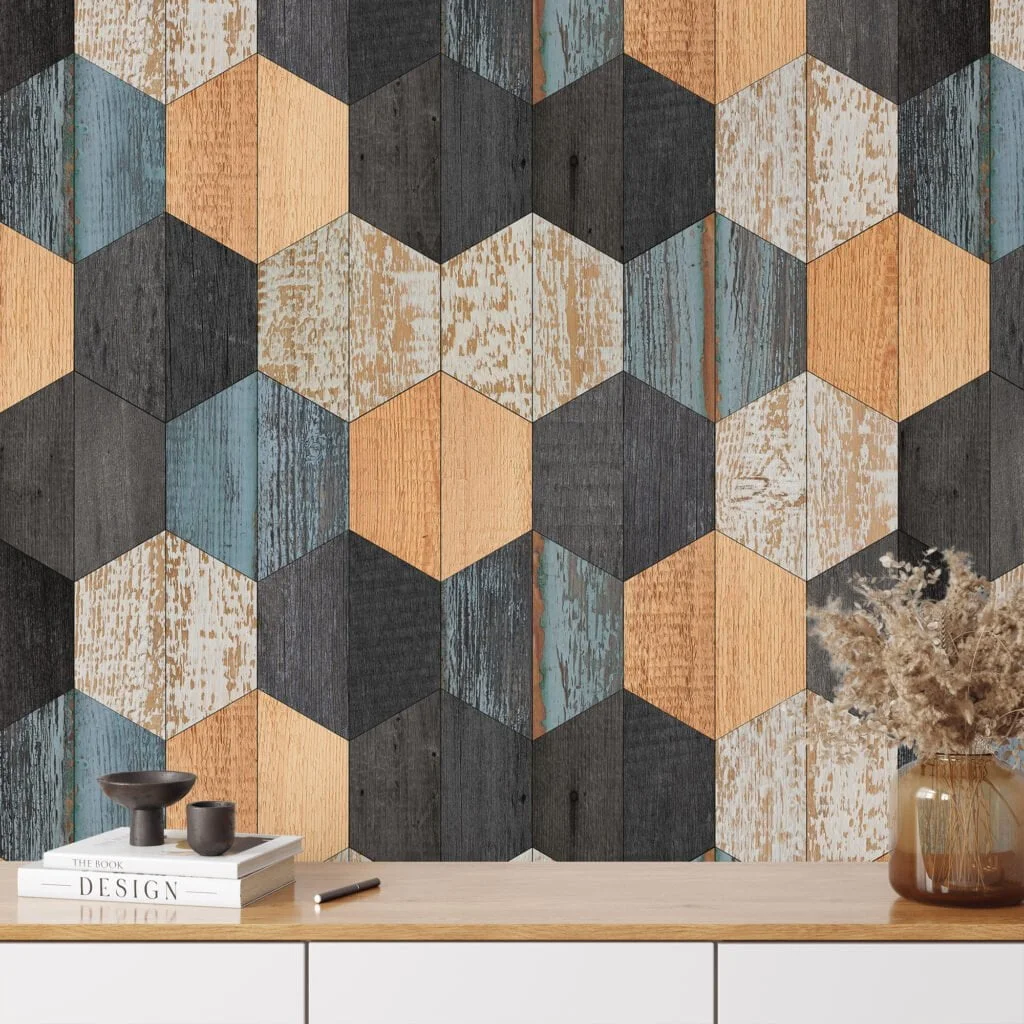 Geometric Hexagon Shaped Wooden Wall Wallpaper, Vintage Woodblock Peel & Stick Wall Mural